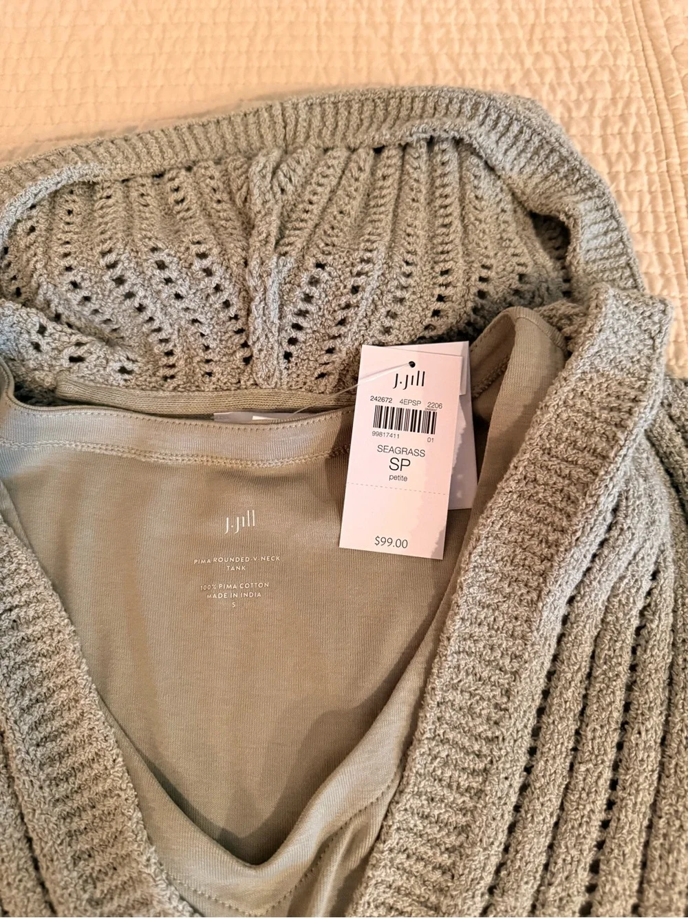 J. Jill Petite Seagrass Green Open-Knit Cardigan with Tank Set